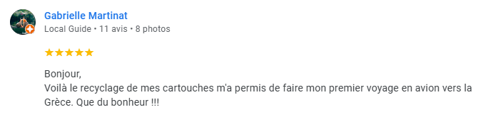 l'avis Google d'une internaute ayant financée ses vacances grâce au rachat de ses cartouches d'encre vides pour leur recyclage